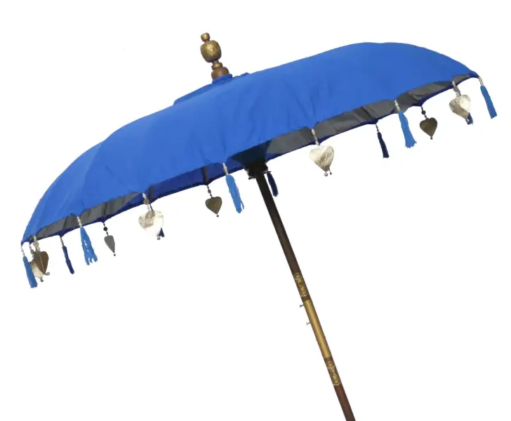 Product image of the product “Bali umbrella, Turquoise with wooden coins and gold leaves hanging around the edge. Approx. 190cm dia. and 250cm height ”
